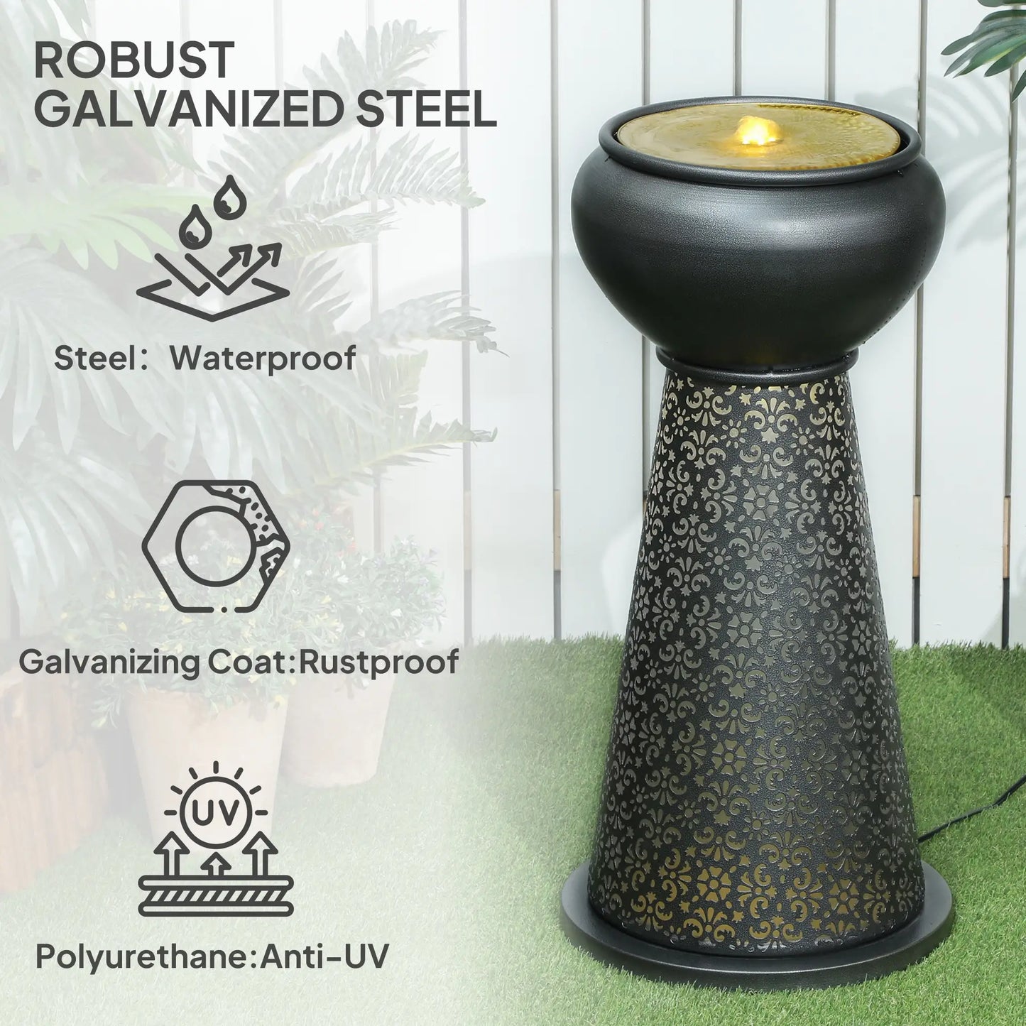 28" Tall Outdoor Water Fountain with LED Lights, Adjustable Flow, Dark Grey, Yellow Water Fountains at Gallery Canada
