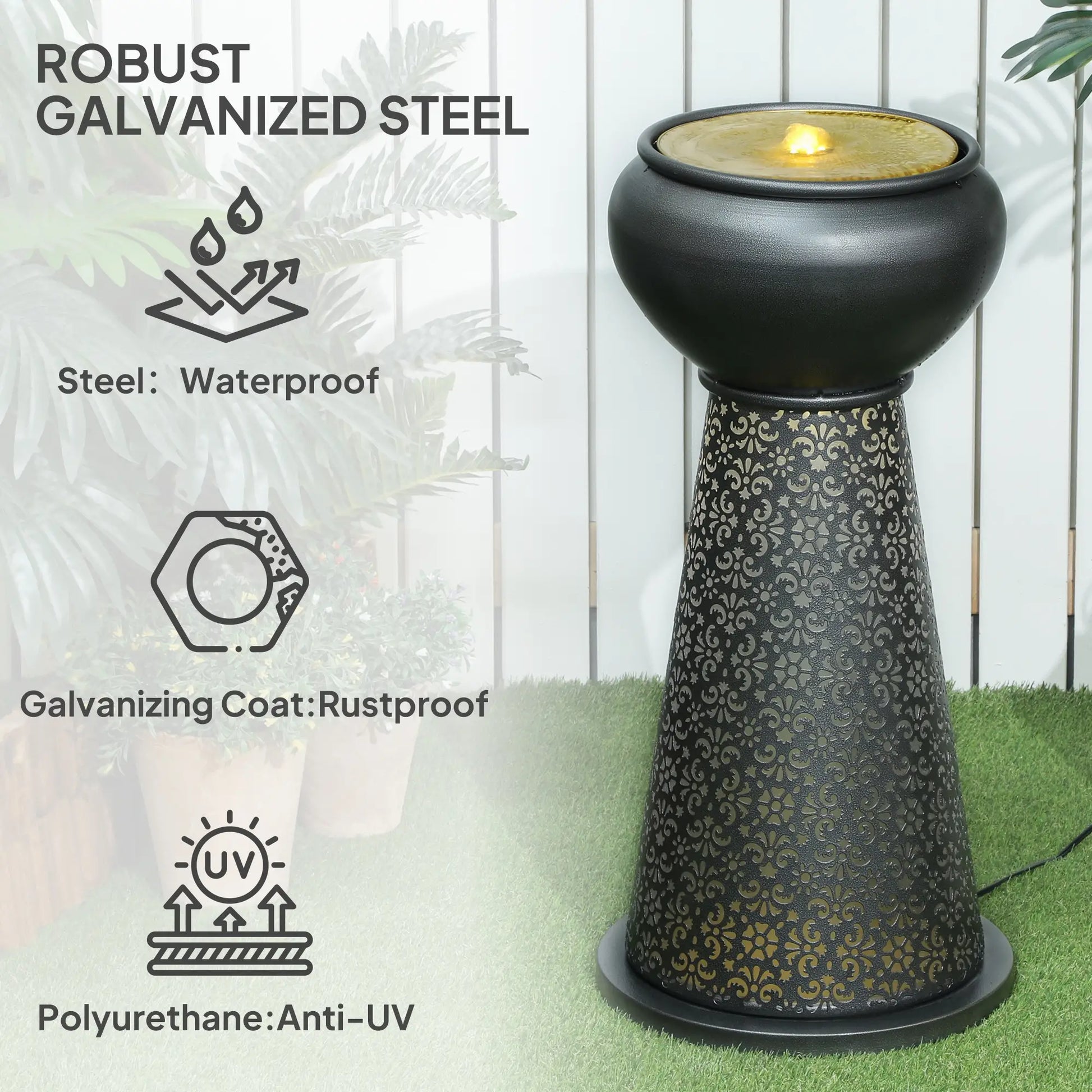 28" Tall Outdoor Water Fountain with LED Lights, Adjustable Flow, Dark Grey, Yellow Water Fountains at Gallery Canada