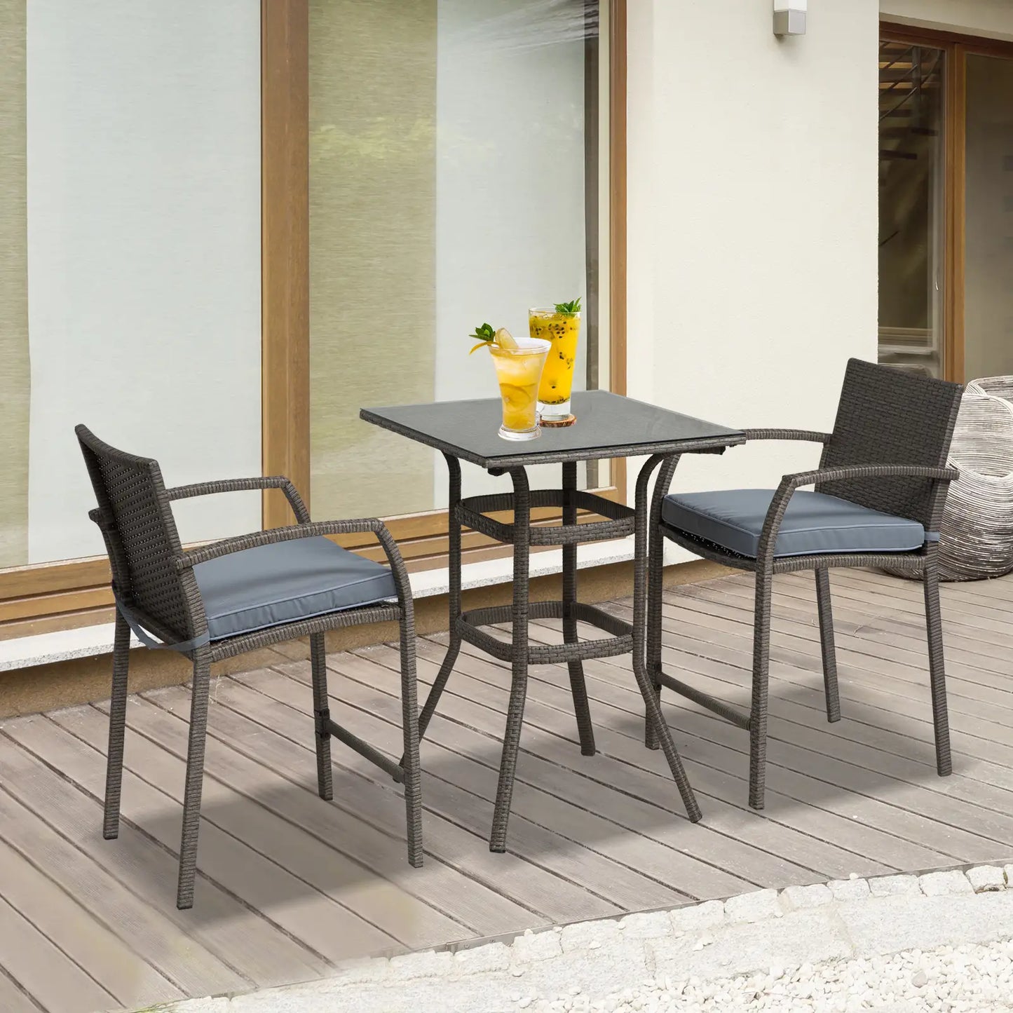 3-Piece Patio Bar Set, Wicker Bistro, PE Rattan Table and Stools, Grey Bistro Sets at Gallery Canada