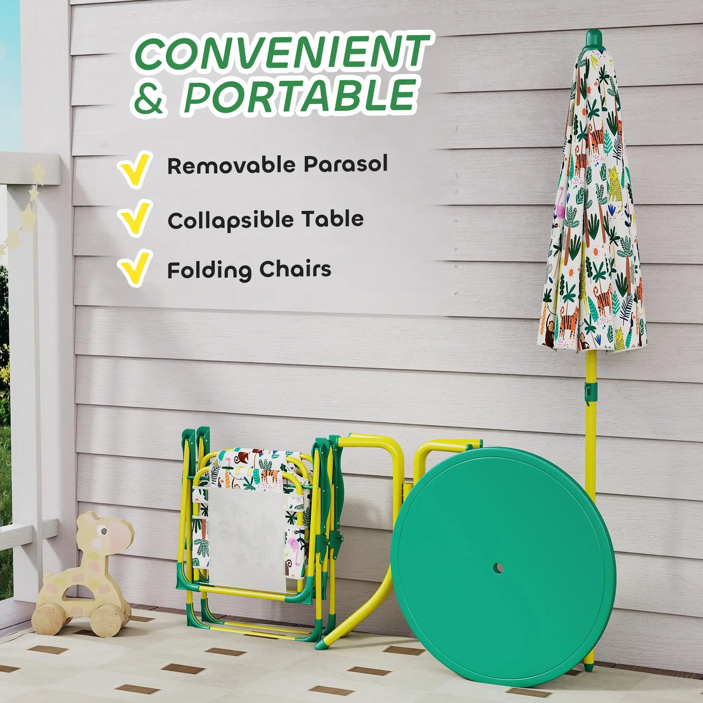 Kids Picnic Table Set, 2 Folding Chairs, Umbrella, Green Kids Outdoor Furniture at Gallery Canada