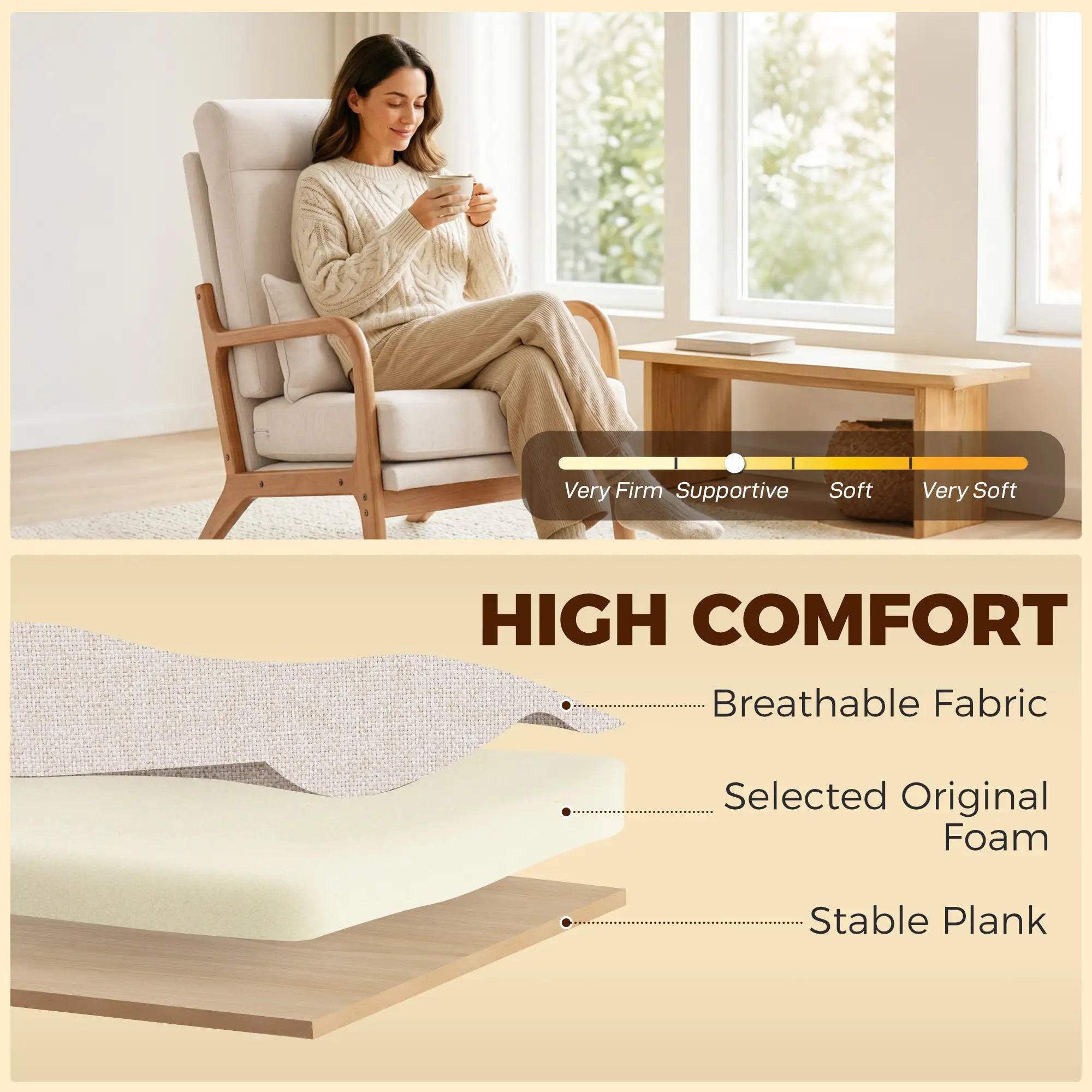 Modern Accent Chair, Linen Armchair with Lumbar Pillow, High Back, Wide Seat, Thick Cushion, Solid Wood Frame, Cream White Accent Chairs at Gallery Canada