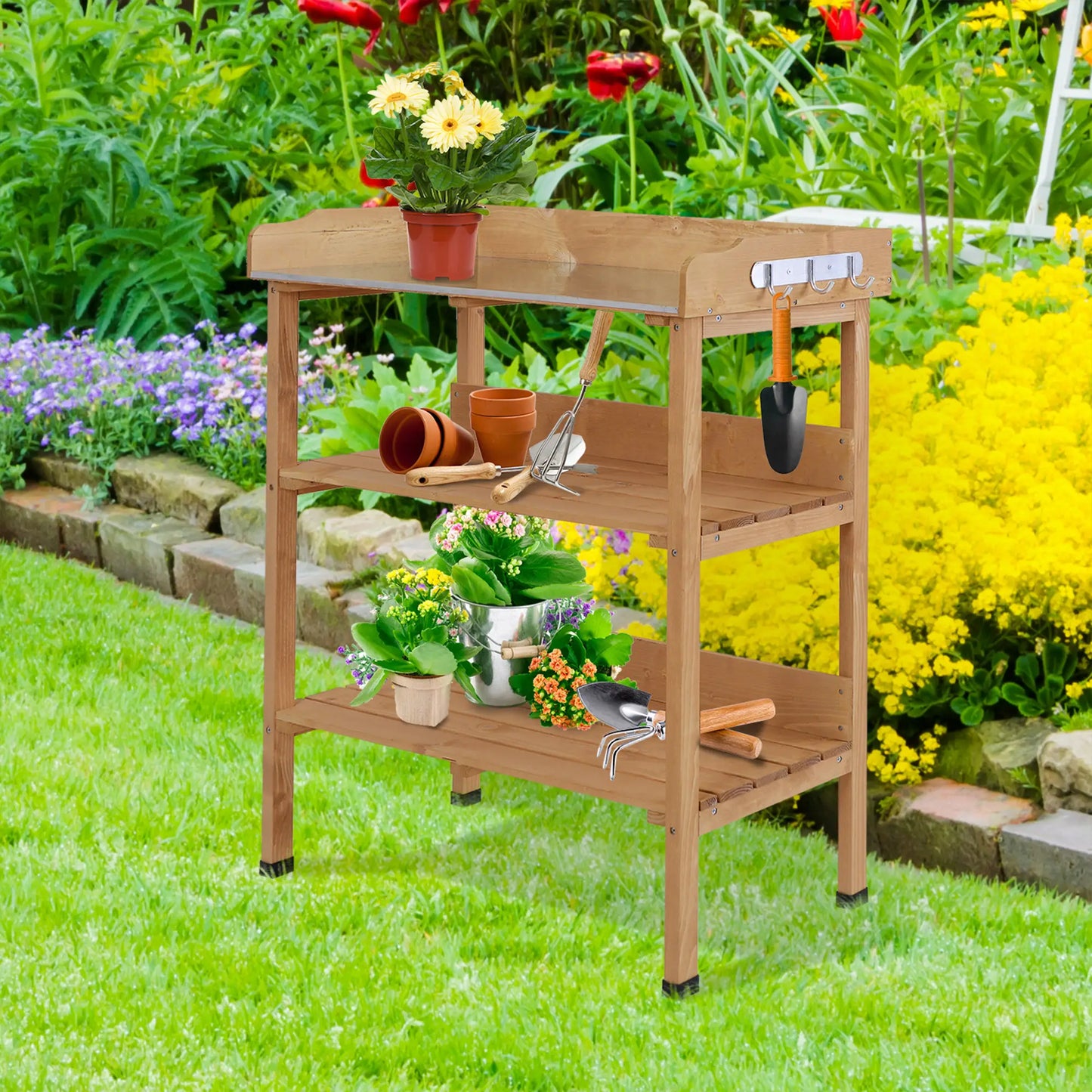 Wooden Potting Bench, Outdoor Garden Work Table, Tool Storage Shelf w/ Hooks, Natural Potting Benches & Tables at Gallery Canada