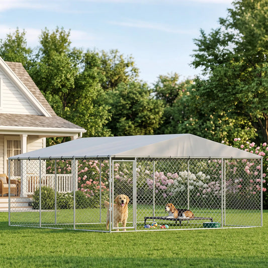 13.1' X 13.1' X 6.6' Outdoor Dog Kennel, Galvanized Steel, Silver Dog Kennels Silver at Gallery Canada