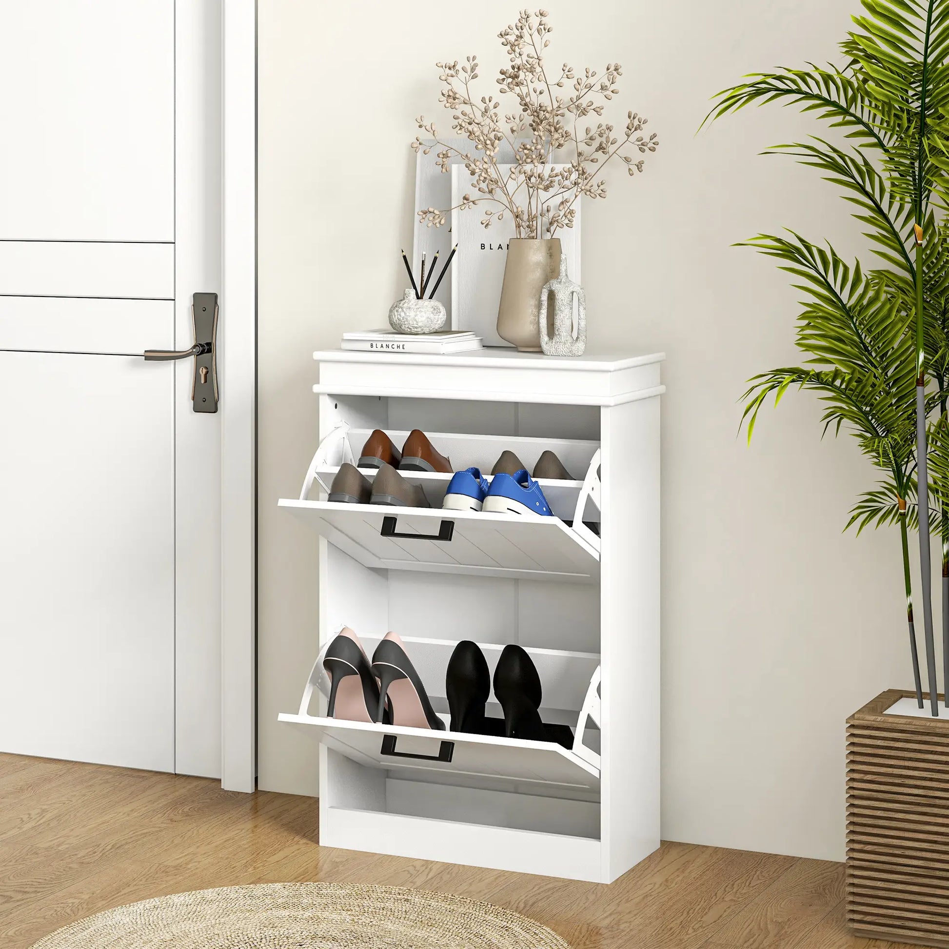Shoe Storage Cabinet, 2 Flip Drawers, Adjustable Shelves, 10 Pairs, White Shoe Storage Cabinets & Racks at Gallery Canada