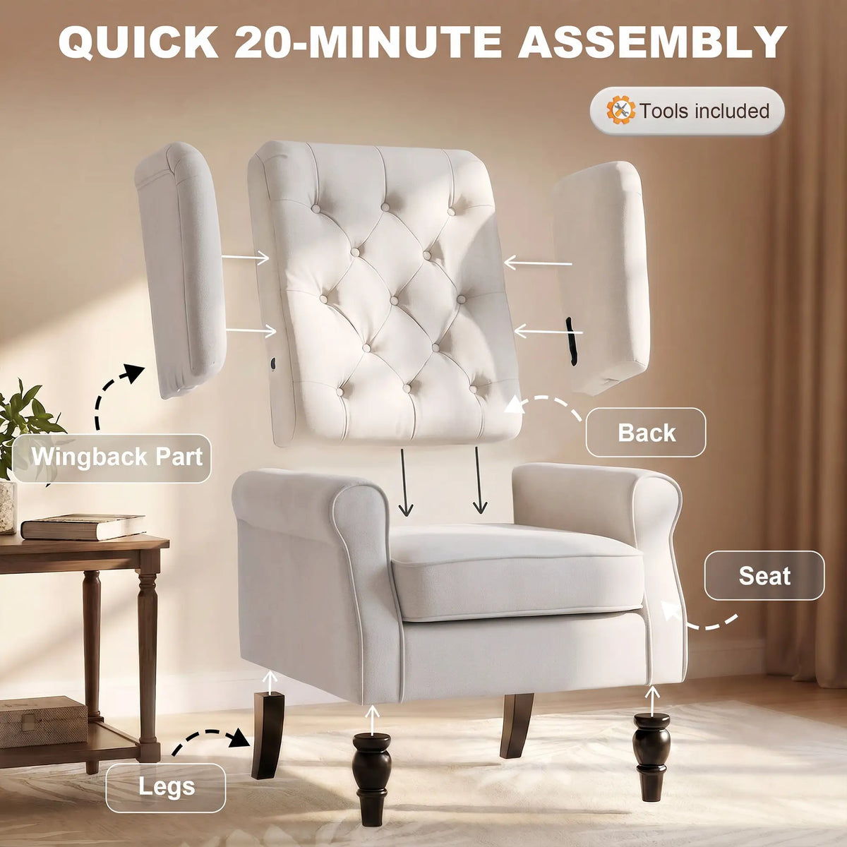Modern Wingback Chair, Tufted Fabric Armchair With Wood Legs, White Accent Chairs at Gallery Canada