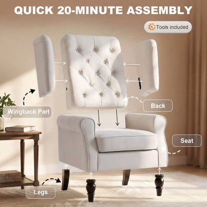 Modern Wingback Chair, Tufted Fabric Armchair With Wood Legs, White Accent Chairs at Gallery Canada