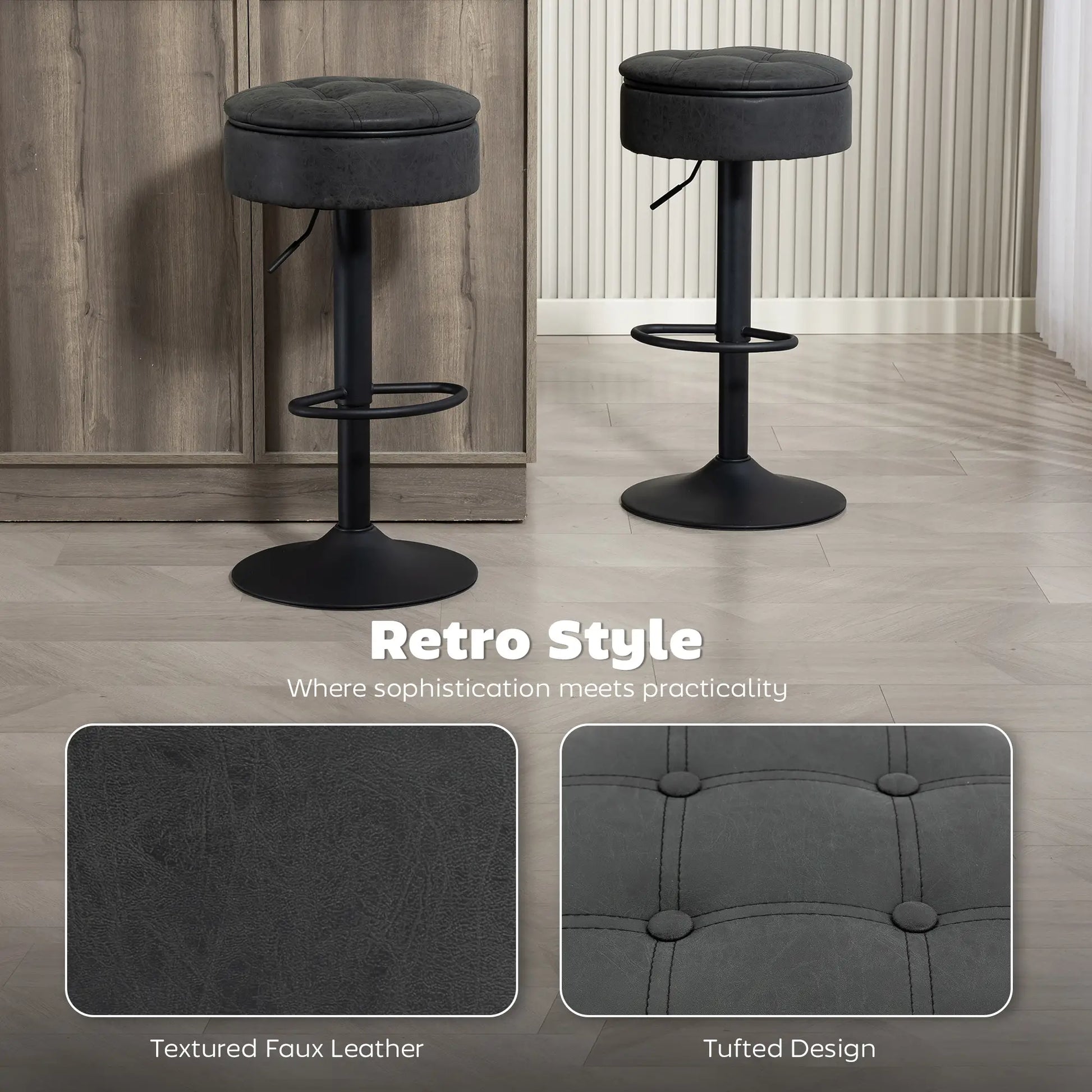 Set of 2 Barstools with Storage, Swivel, PU Leather, Footrest, Steel Base, Black Bar Stools at Gallery Canada