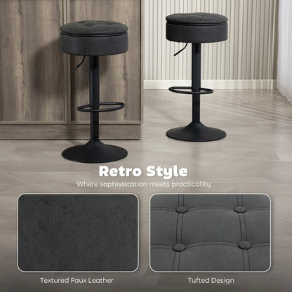 Set of 2 Barstools with Storage, Swivel, PU Leather, Footrest, Steel Base, Black Bar Stools at Gallery Canada