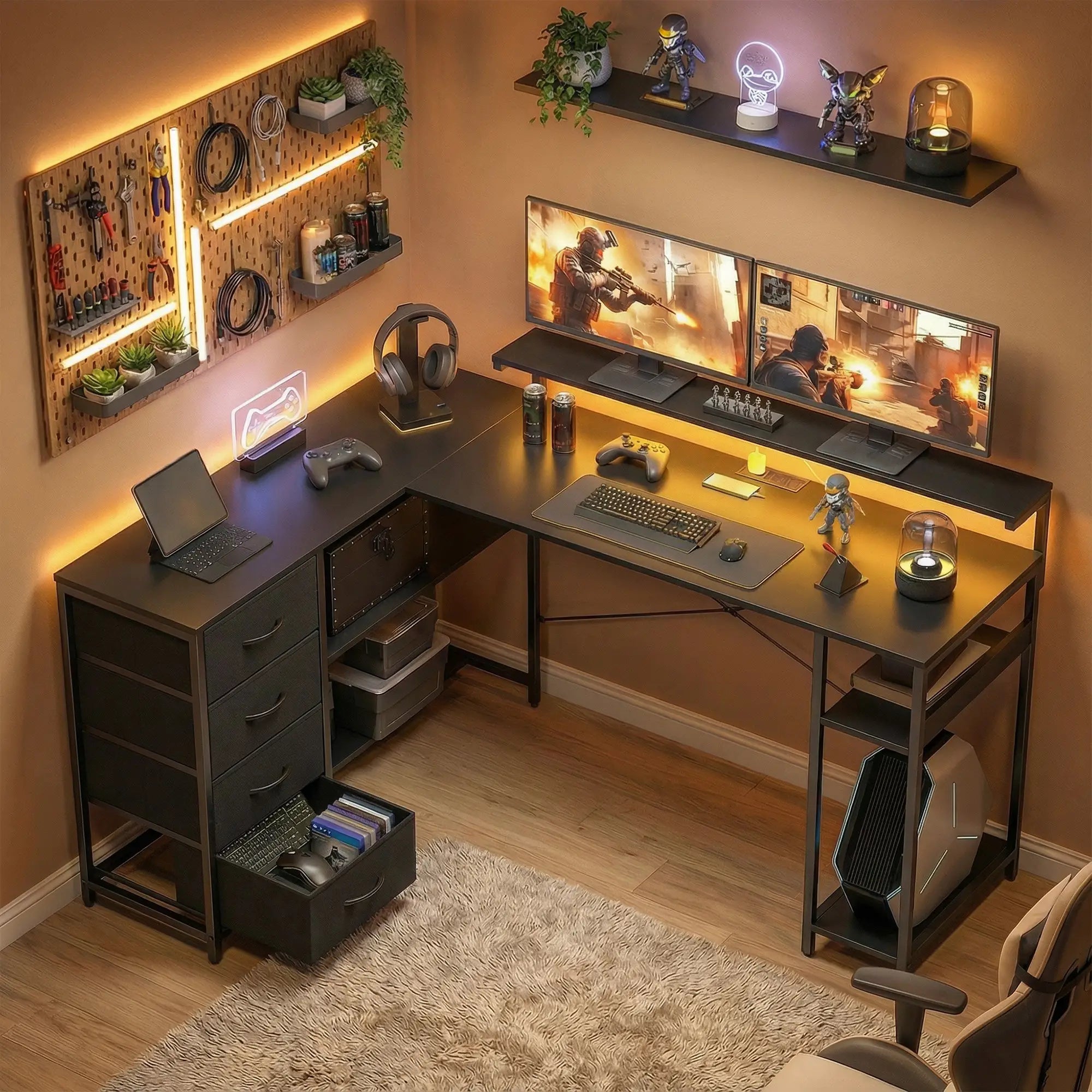 Gaming Desk With Power Outlets, LED Lights, Drawers, Monitor Stand, 61