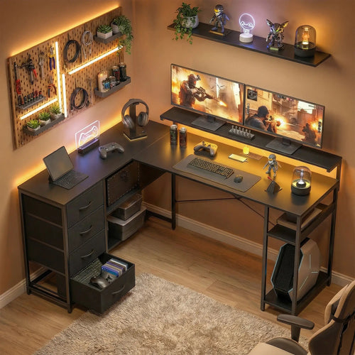 Gaming Desk With Power Outlets, LED Lights, Drawers, Monitor Stand, 61
