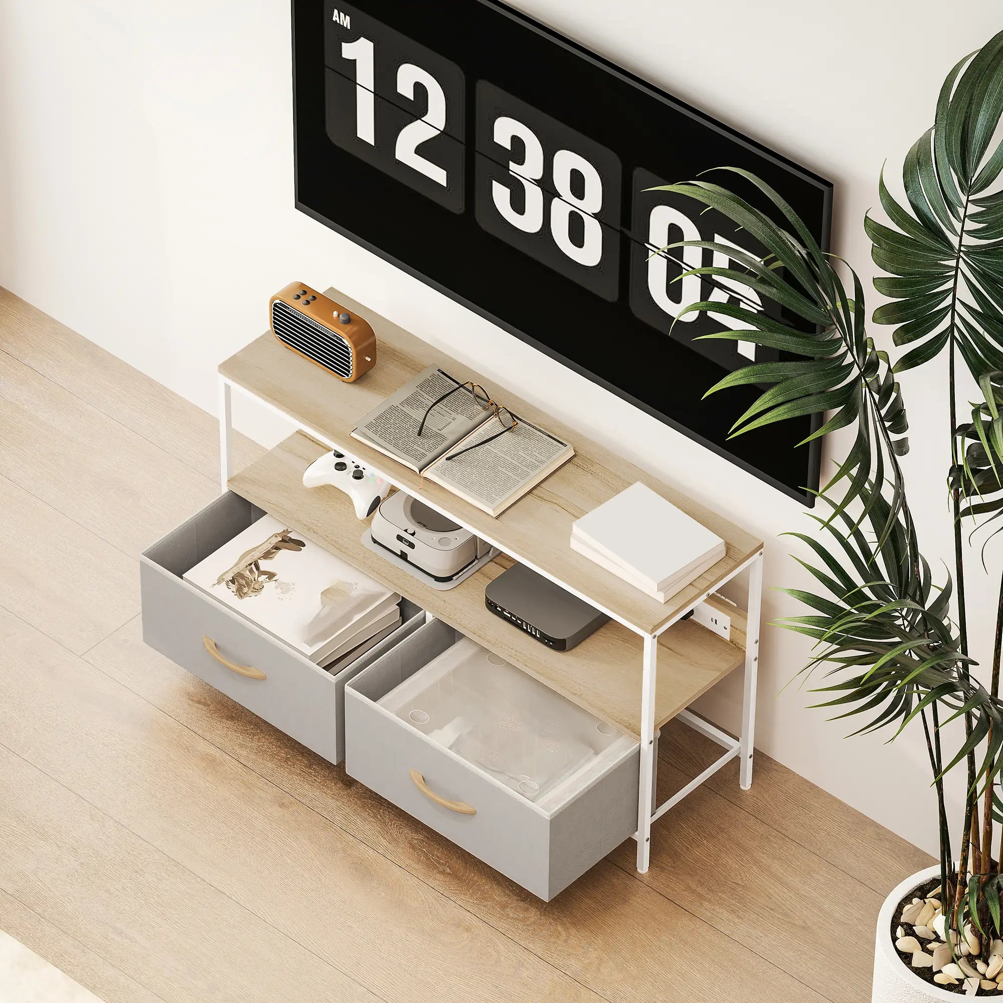 TV Stand With Charging Station, 2 Foldable Drawers, Open Shelf, 47 Inch, Oak TV Stands at Gallery Canada