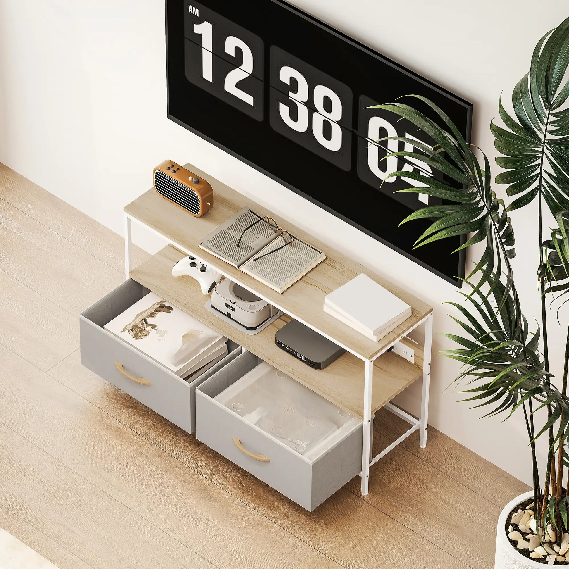 TV Stand With Charging Station, 2 Foldable Drawers, Open Shelf, 47 Inch, Oak TV Stands at Gallery Canada