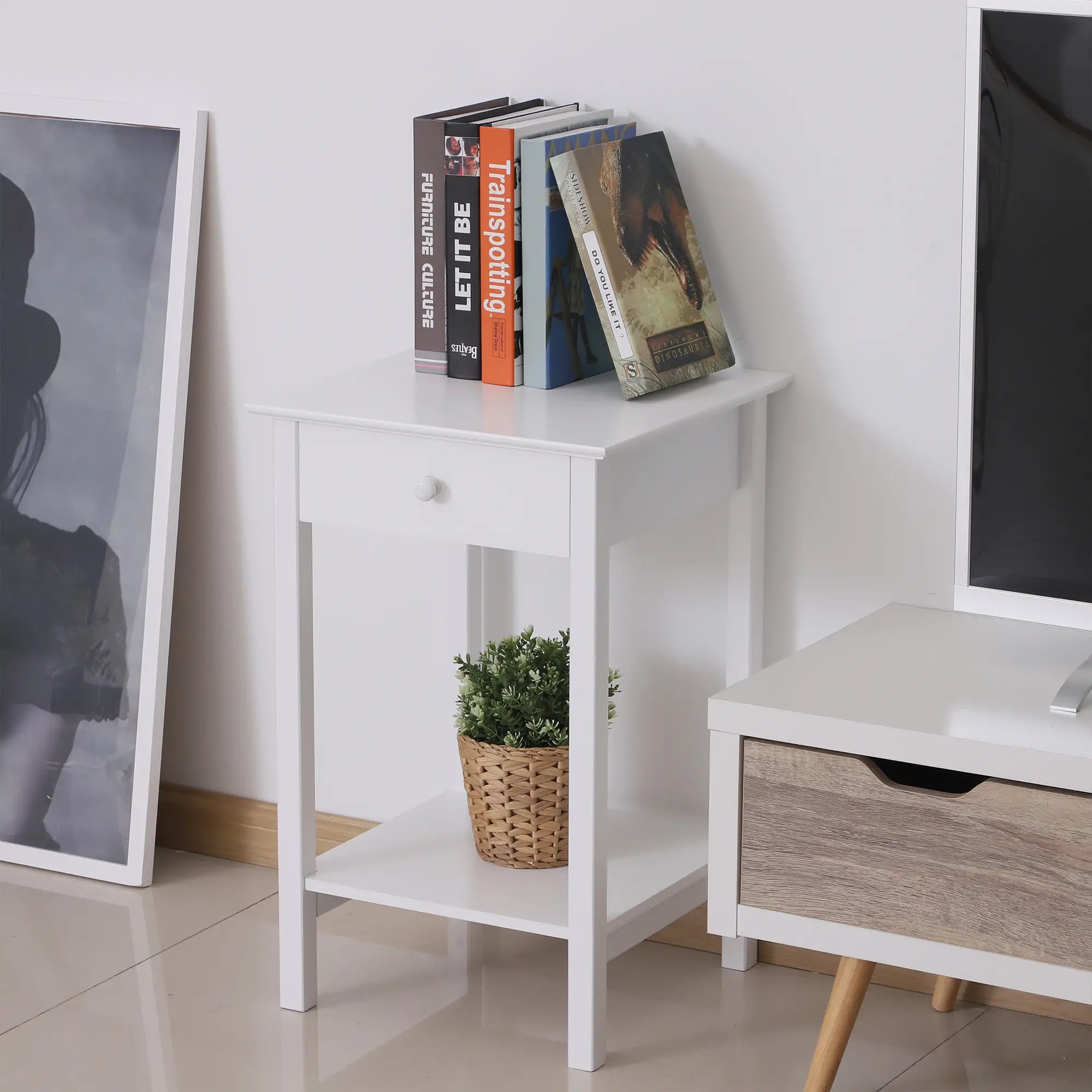 Multipurpose Bedside Table with Drawer, Storage Shelf, White Side Tables at Gallery Canada