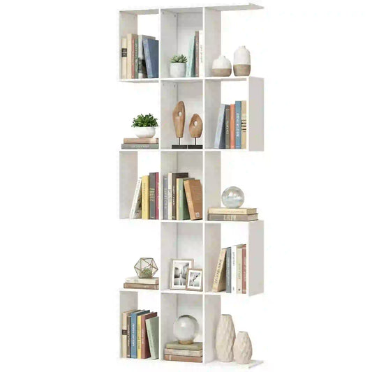 5-Tier Bookshelf, S Shaped Geometric Bookcase, White Wood Grain, White Display Bookshelves White Wood Grain at Gallery Canada