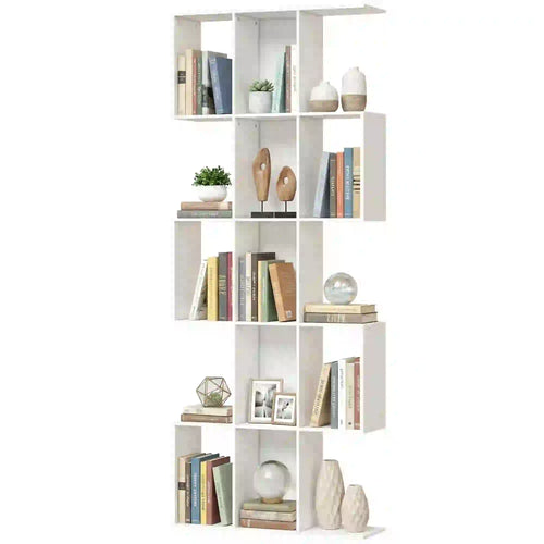 5-Tier Bookshelf, S Shaped Geometric Bookcase, White Wood Grain, White