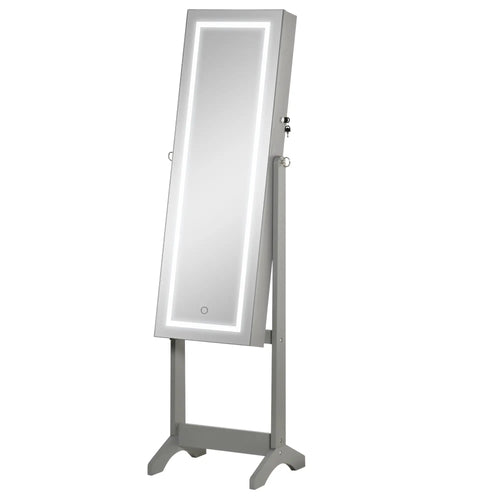Lockable Jewelry Armoire with LED Light, Standing Mirror, Grey