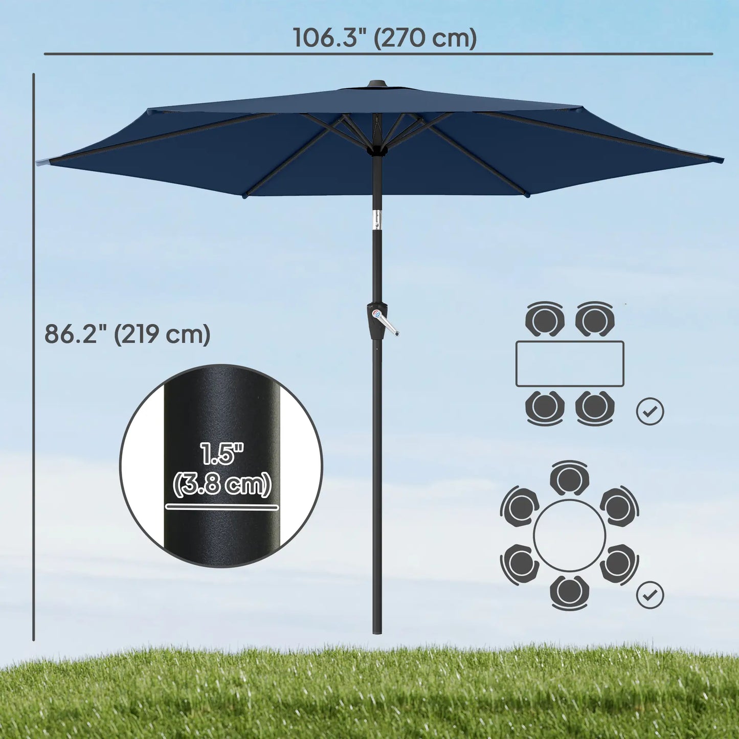 9FT Patio Umbrella With Tilt, Crank, 6 Ribs, UV Protection