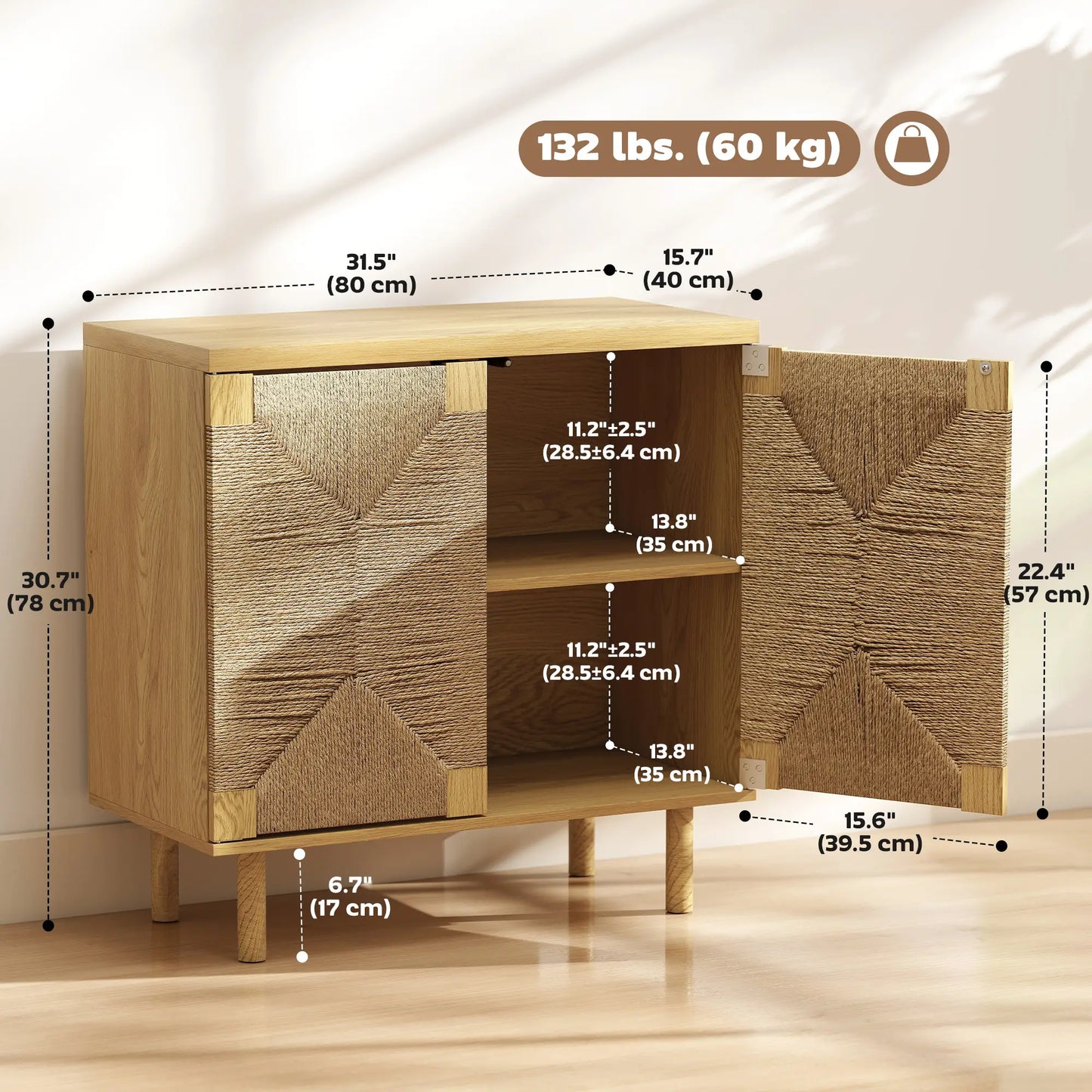 Handwoven Rope Accent Cabinet, Boho Sideboard, Push to Open Doors, Adjustable Shelf Storage Cabinets at Gallery Canada