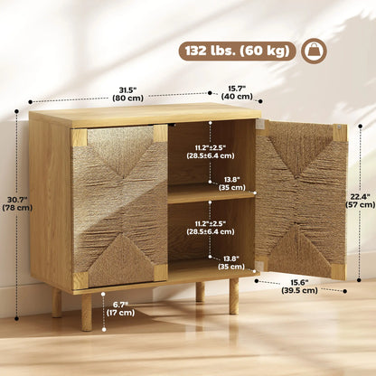 Handwoven Rope Accent Cabinet, Boho Sideboard, Push to Open Doors, Adjustable Shelf Storage Cabinets at Gallery Canada