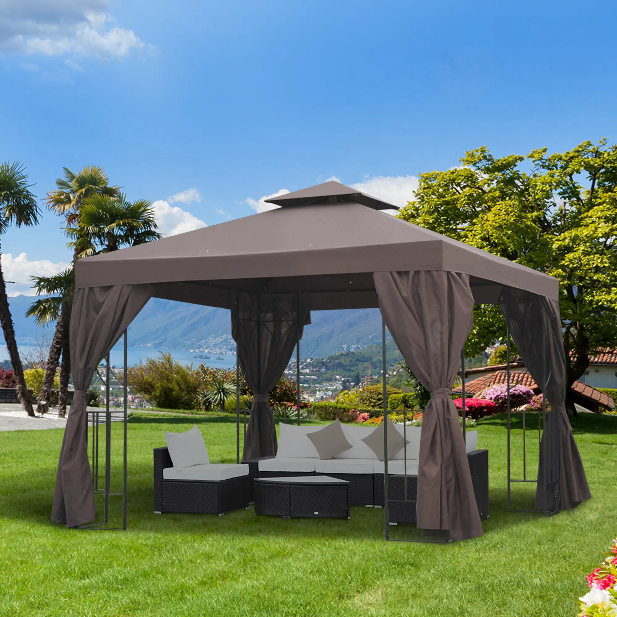 10' x 10' Outdoor Gazebo, Canopy Shelter with Double-Tier Roof, Brown Gazebos at Gallery Canada
