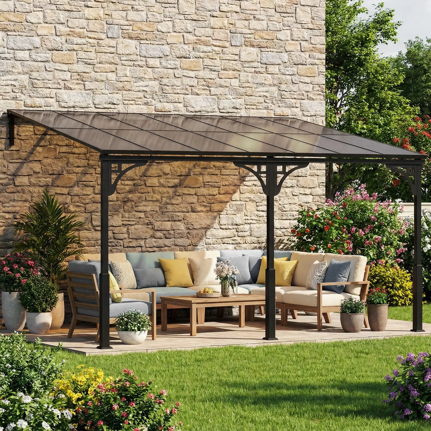 13' x 10' Lean To Gazebo, Hardtop Wall Mounted Pergola, Polycarbonate Roof, Metal-Aluminium Frame Pergolas at Gallery Canada