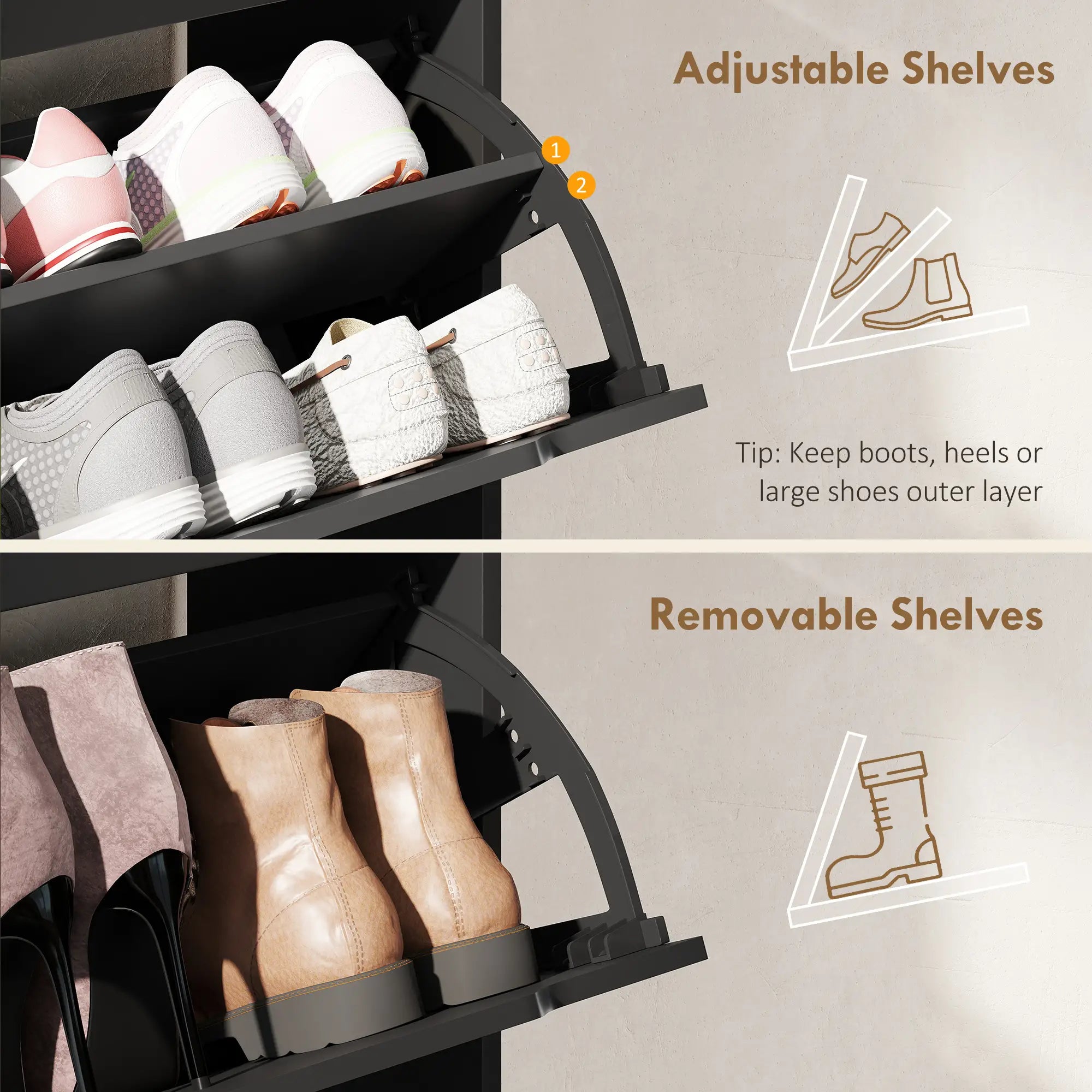 Narrow Shoe Cabinet, 2 Flip Drawers, Top Drawer, Adjustable Shelves, Black Shoe Storage Cabinets & Racks at Gallery Canada