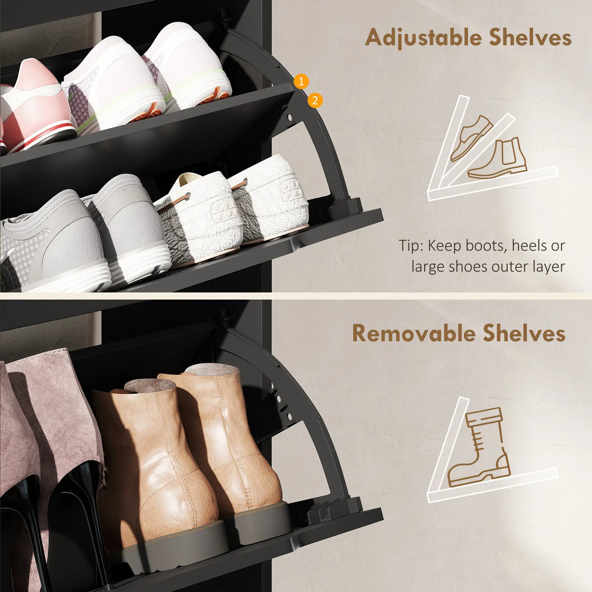 Narrow Shoe Cabinet, 2 Flip Drawers, Top Drawer, Adjustable Shelves, Black Shoe Storage Cabinets & Racks at Gallery Canada