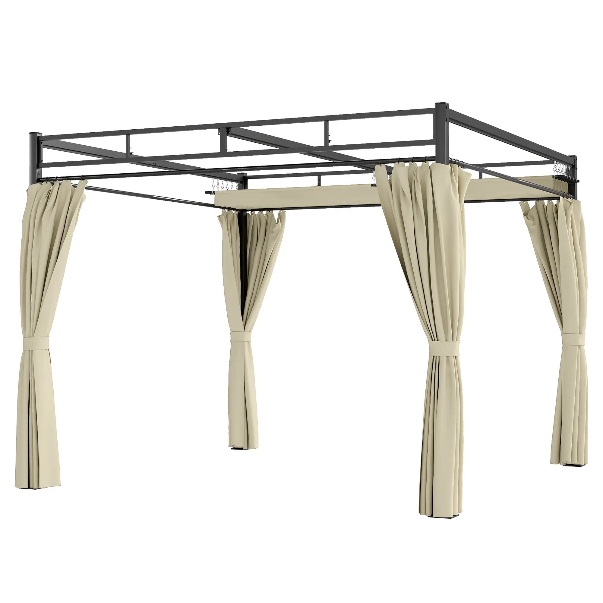 10' x 10' Outdoor Gazebo, Retractable Pergola Canopy With Curtains, Beige Pergolas Black, Beige at Gallery Canada