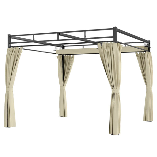 10' x 10' Outdoor Gazebo, Retractable Pergola Canopy With Curtains, Beige