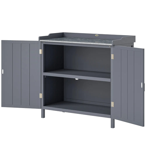 Outdoor Garden Storage Cabinet, Potting Bench with Galvanized Top, Grey