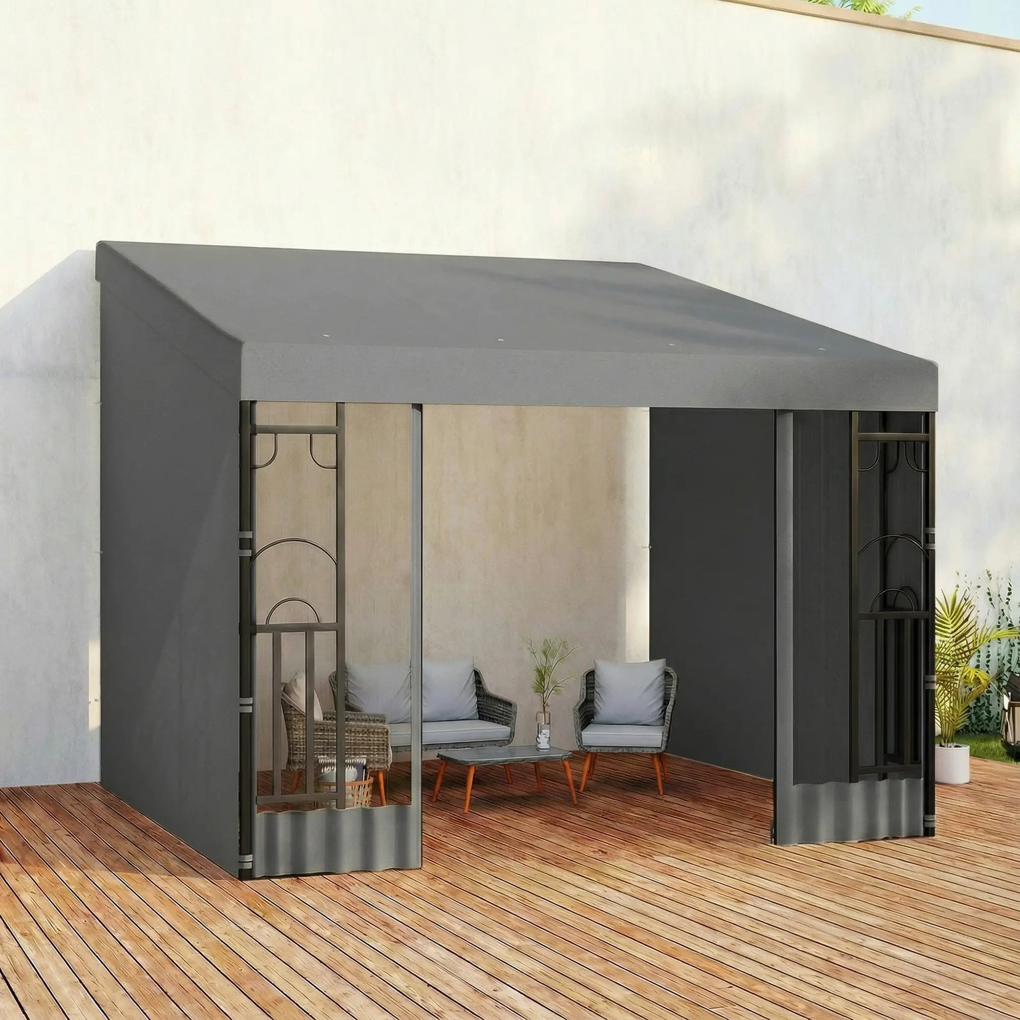 10' x 10' Wall Pergola, Outdoor Gazebo With Curtains, Dark Grey Pergolas at Gallery Canada