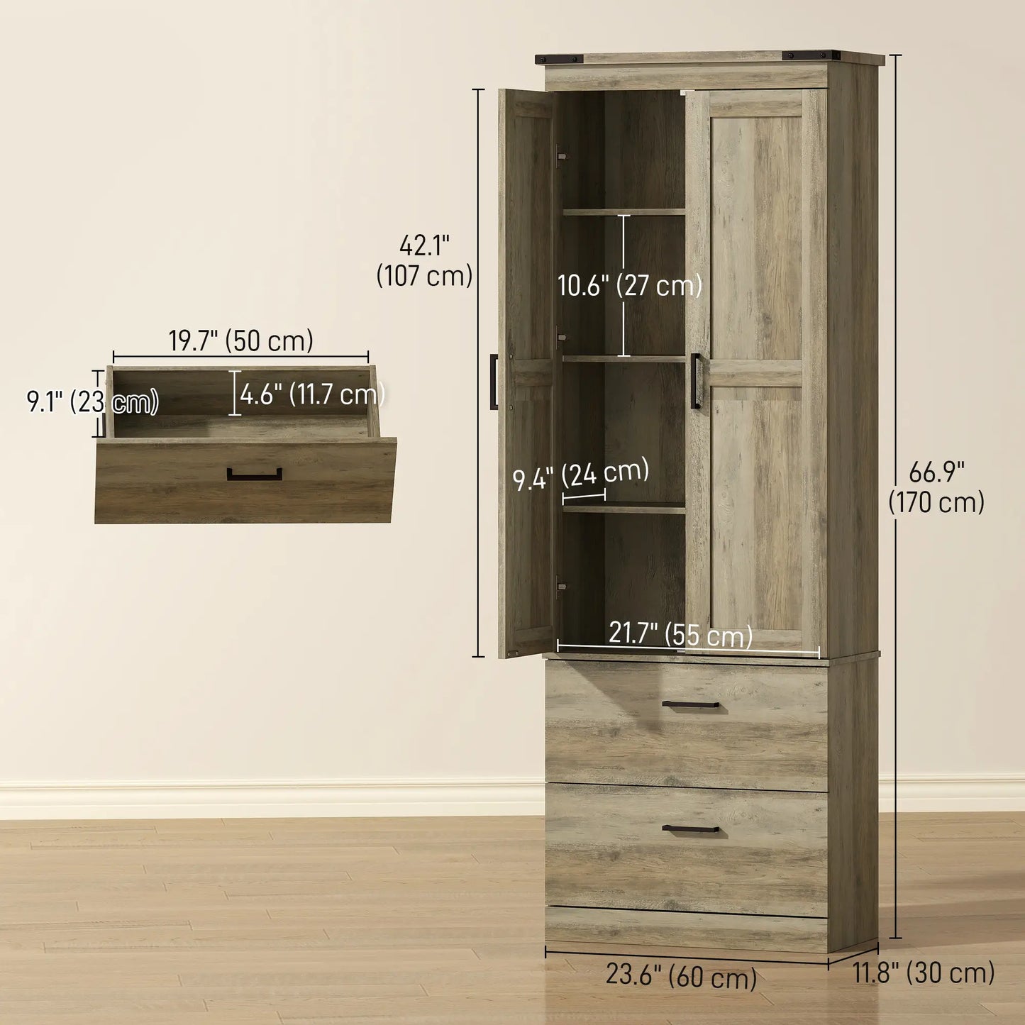 67" Tall Kitchen Pantry Cabinet, Doors, Drawers, Adjustable Shelves, Grey Brown Kitchen Pantry Cabinets at Gallery Canada