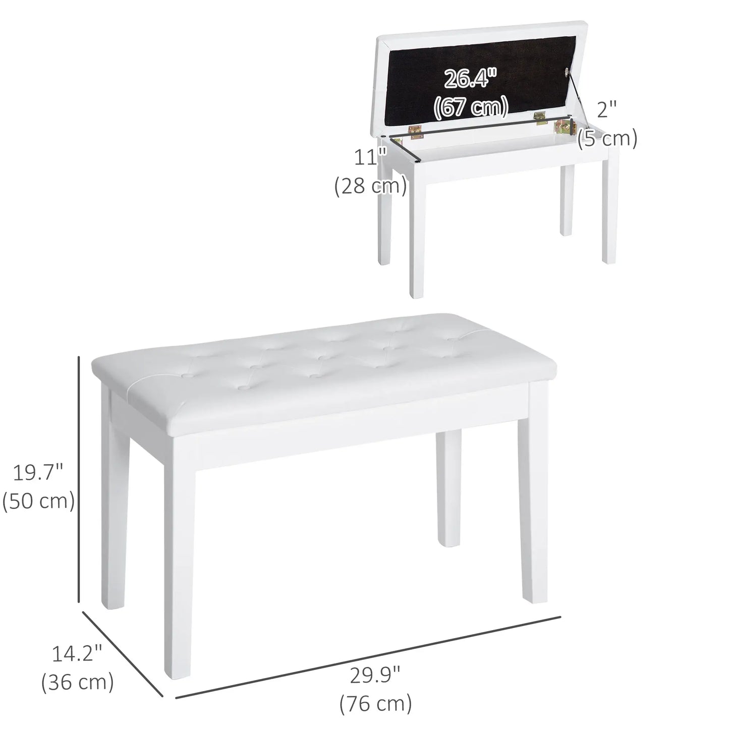 30" Piano Bench with Padded Cushion, Storage, Faux Leather, White Piano Benches at Gallery Canada