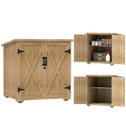 Wooden Outdoor Storage Cabinet, Garden Shed With Shelf, Double Doors, Natural