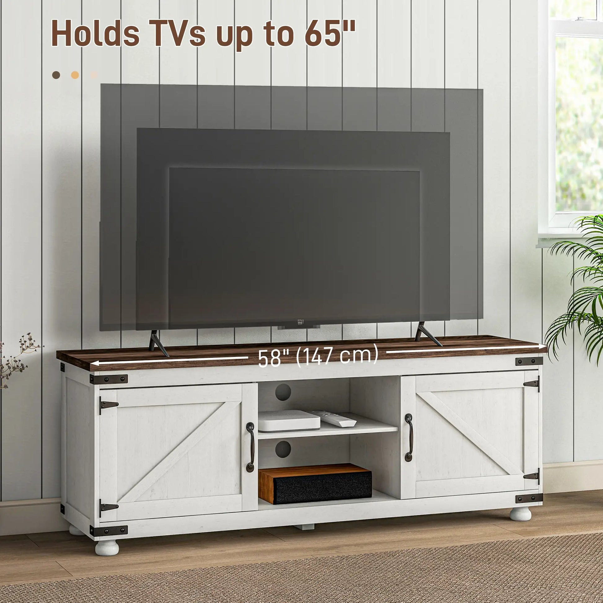 Farmhouse TV Stand for 65" TV, Barn Doors, Distressed White, White TV Stands at Gallery Canada