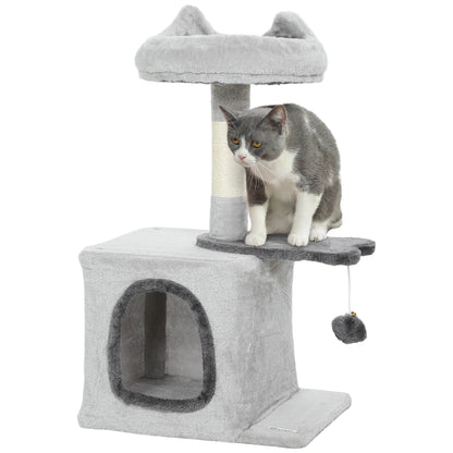 28" Cat Tree Tower with Plush Bed, Condo, Sisal Post, Perch, Ball, Light Grey Cat Posts at Gallery Canada