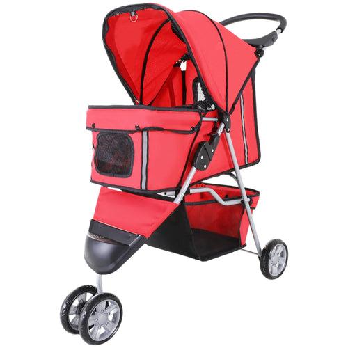 Deluxe 3 Wheels Pet Stroller Foldable Dog Cat Carrier Strolling Jogger with Brake, Canopy, Cup Holders and Bottom Storage Space (Red)
