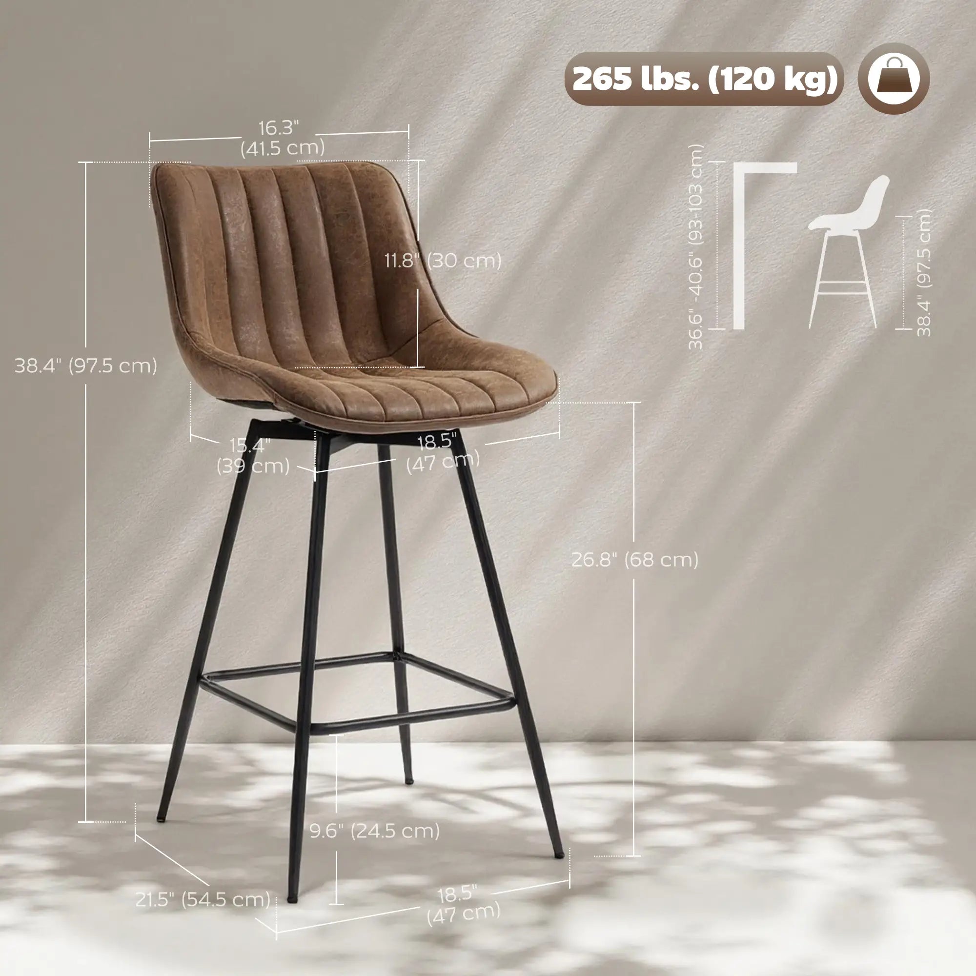 Set of 2 Counter Height Barstools, PU Leather, Brown Bar Stools at Gallery Canada