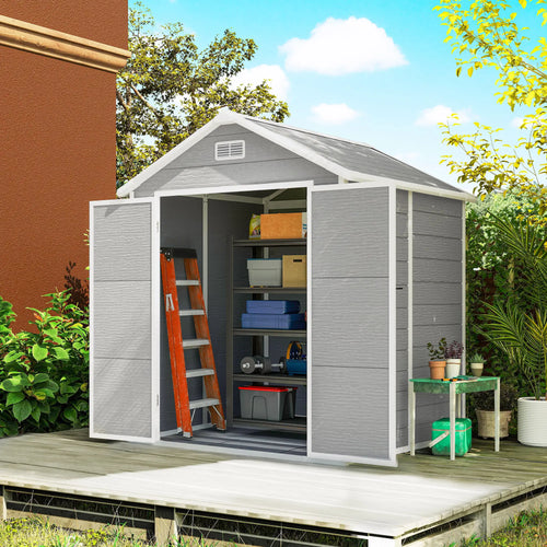 6' x 5' Plastic Outdoor Storage Shed, Garden Shed, Wood Effect Grey, Grey