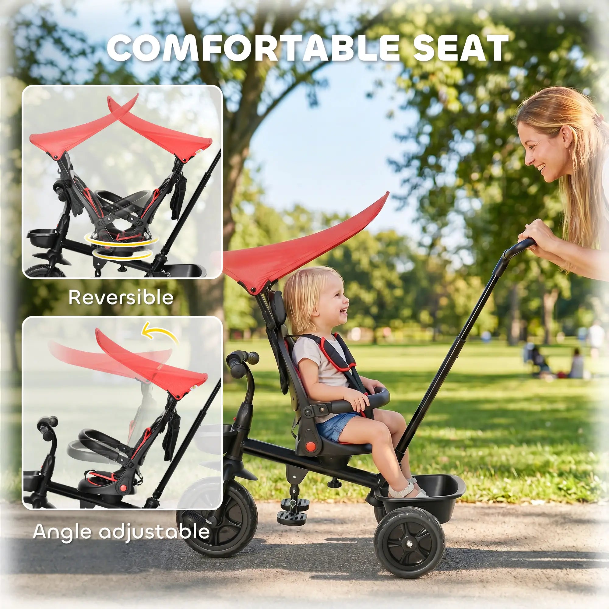 Kids Tricycle, 4 In 1 Trike, Adjustable Seat, Removable Canopy, Red Tricycles for Kids at Gallery Canada