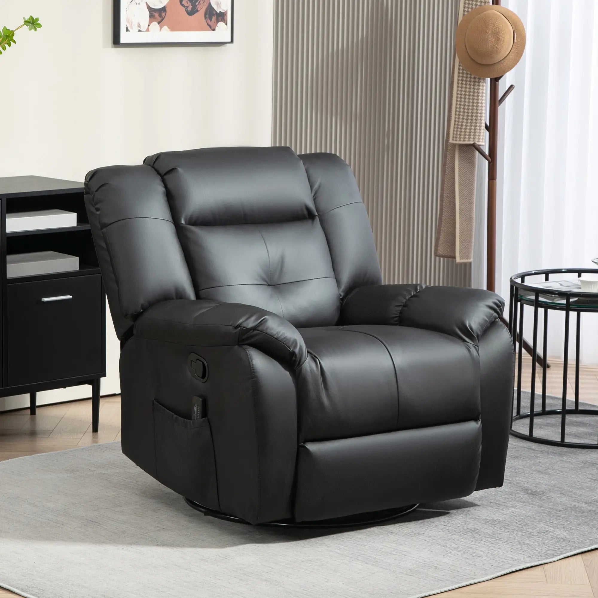 8-Point Vibration Massage Recliner Chair, PU Leather, 360° Swivel, Black Single Sofas at Gallery Canada
