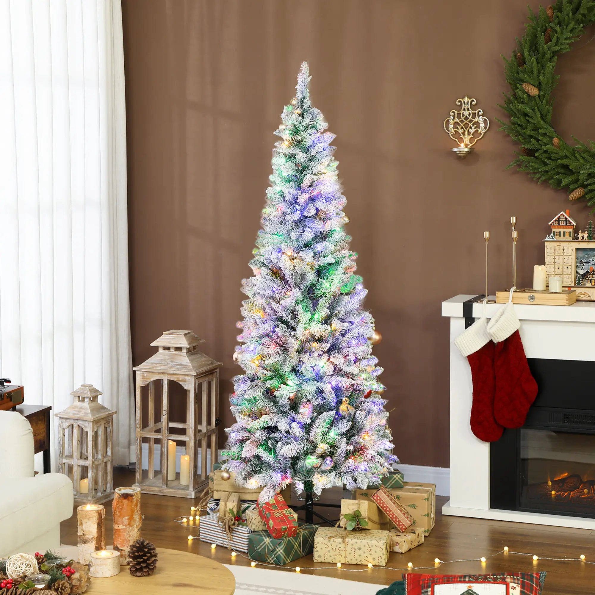 6ft Flocked Christmas Tree, Dual Colour LED Light, 11 Modes, Easy Assembly, Dual Colour Flocked Christmas Trees at Gallery Canada