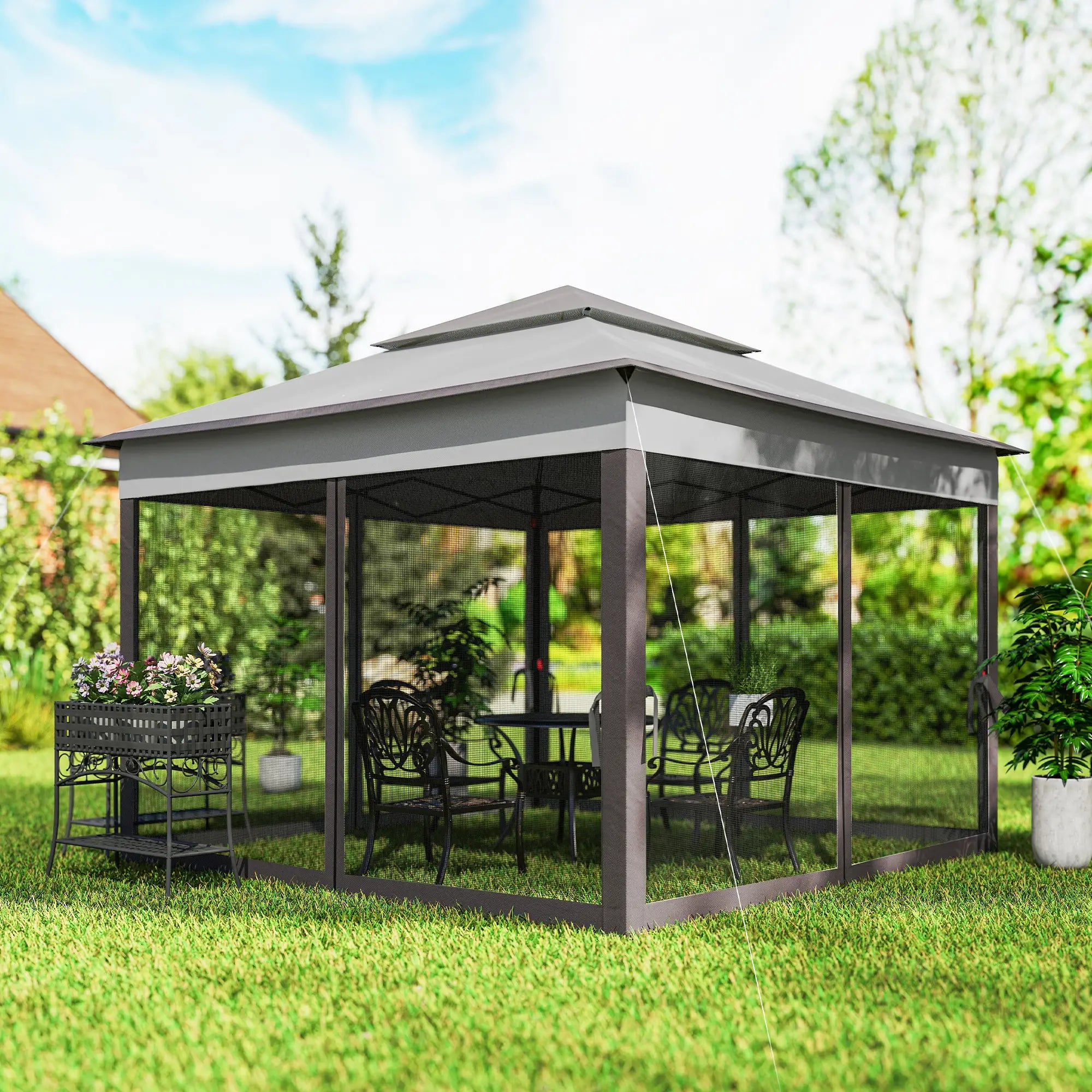 11' x 11' Pop Up Canopy, 2-Tier Soft Top Shelter Tent With Netting, Mixed Grey Pop Up Canopies at Gallery Canada