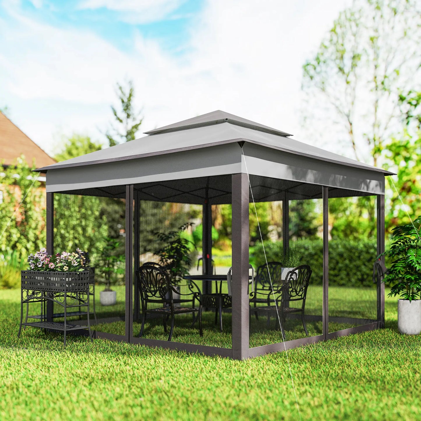 11' x 11' Pop Up Canopy, 2-Tier Soft Top Shelter Tent With Netting, Mixed Grey Pop Up Canopies at Gallery Canada