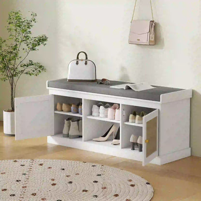 Shoe Bench with Padded Cushion, Boho Entryway, Rattan Doors, Adjustable Shelves, White Shoe Storage Cabinets & Racks at Gallery Canada