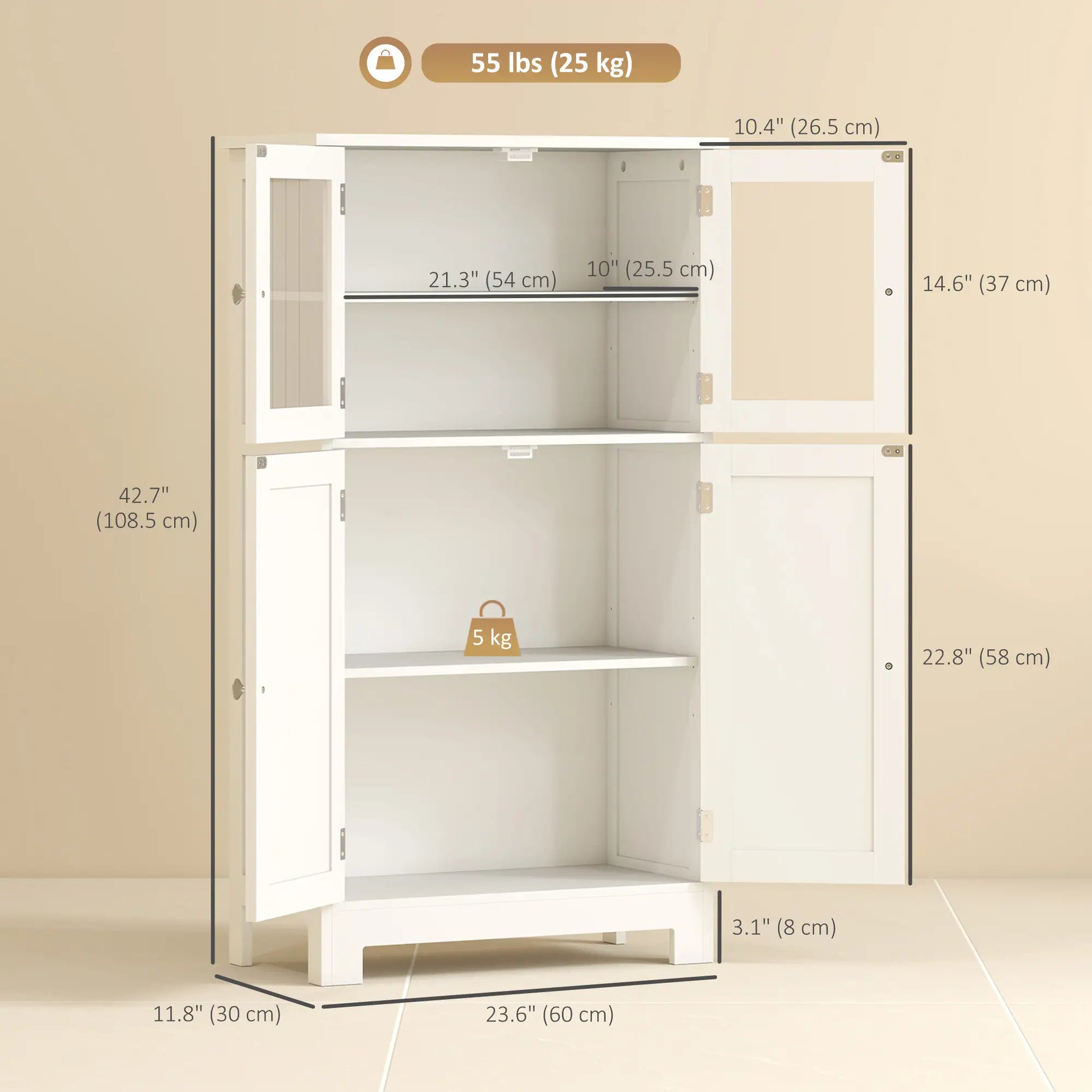 Bathroom Floor Storage Cabinet, Tempered Glass Doors, Adjustable Shelf, White Bathroom Cabinets at Gallery Canada