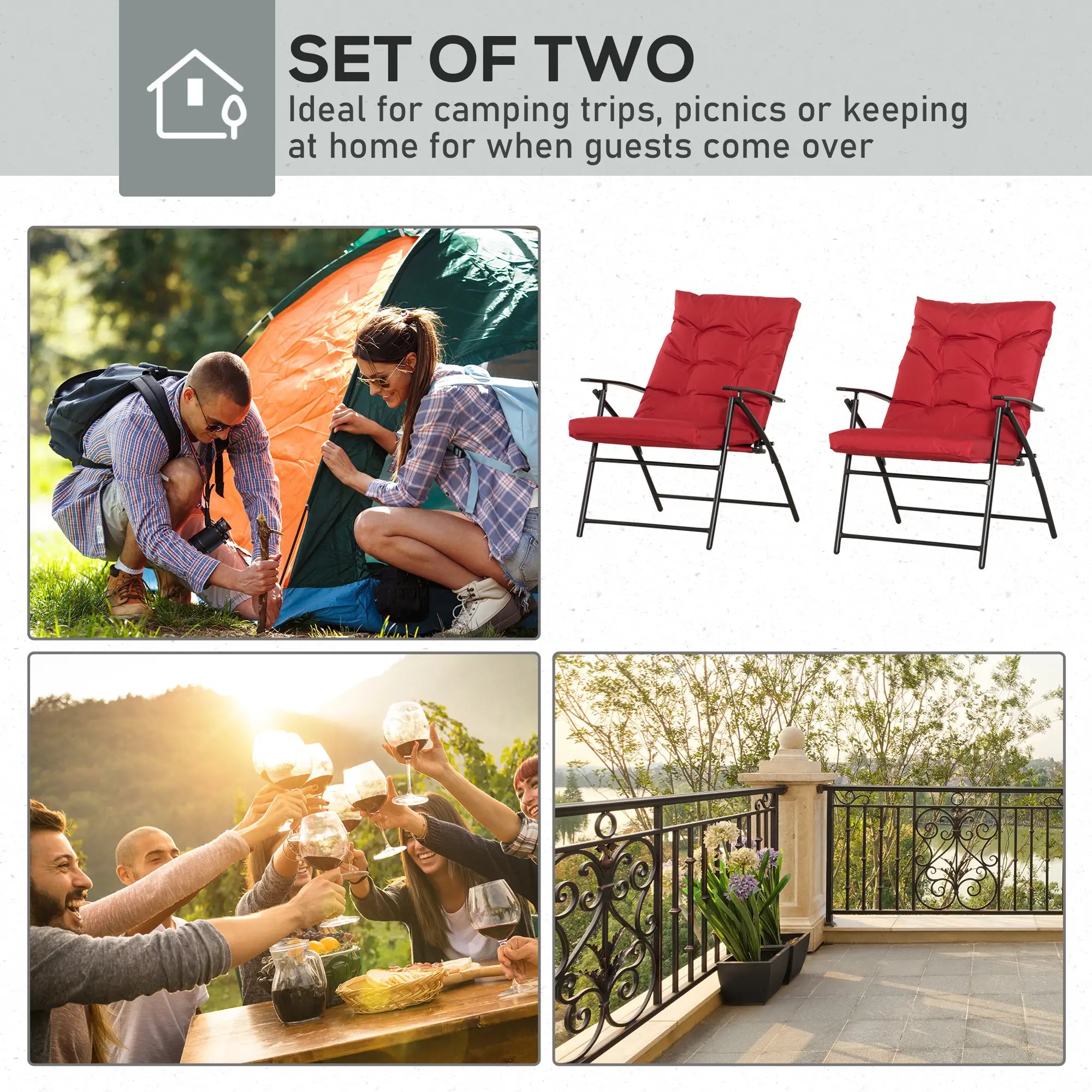 Set of 2 Outdoor Folding Chairs, Adjustable Backrest, Padded, Red Patio Chairs at Gallery Canada