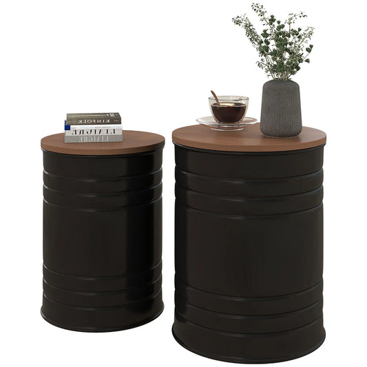 Round Side Table Set of 2, Nesting Coffee Tables, Wooden Lid, Metal Frame, Black Side Tables Walnut, Black at Gallery Canada