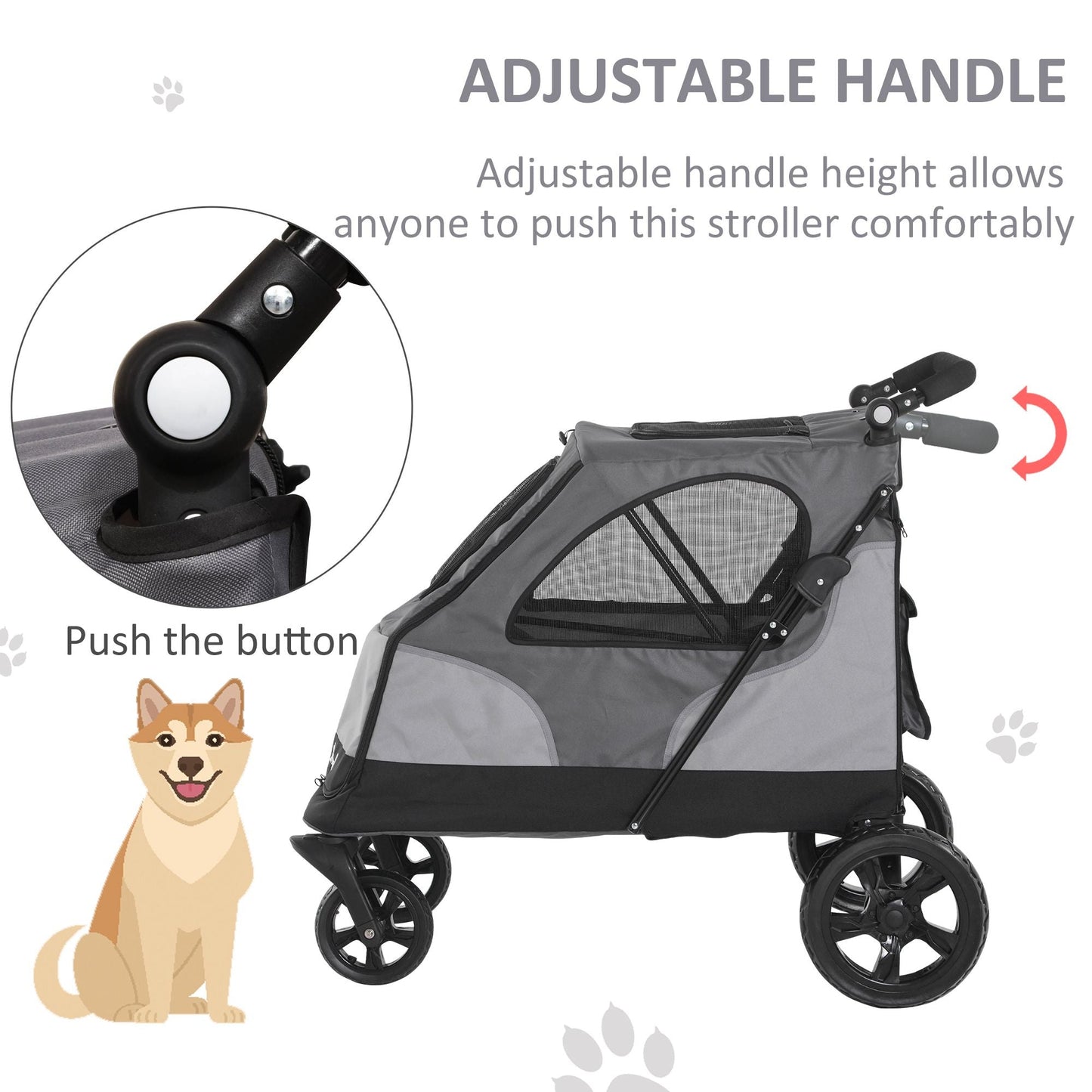 Pet Stroller Foldable Cat Dog Jogging Stroller w/ Adjustable Handlebar Rear Door Storage Bag Mesh Window Safety Leash Grey at Gallery Canada