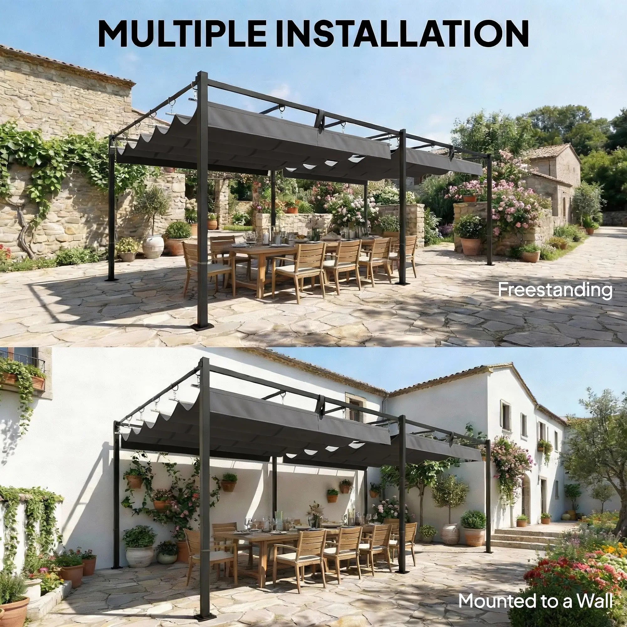 19' x 10' Dark Grey Pergola, Retractable Canopy, UV50+ Sun Shade, Dark Grey Pergolas at Gallery Canada